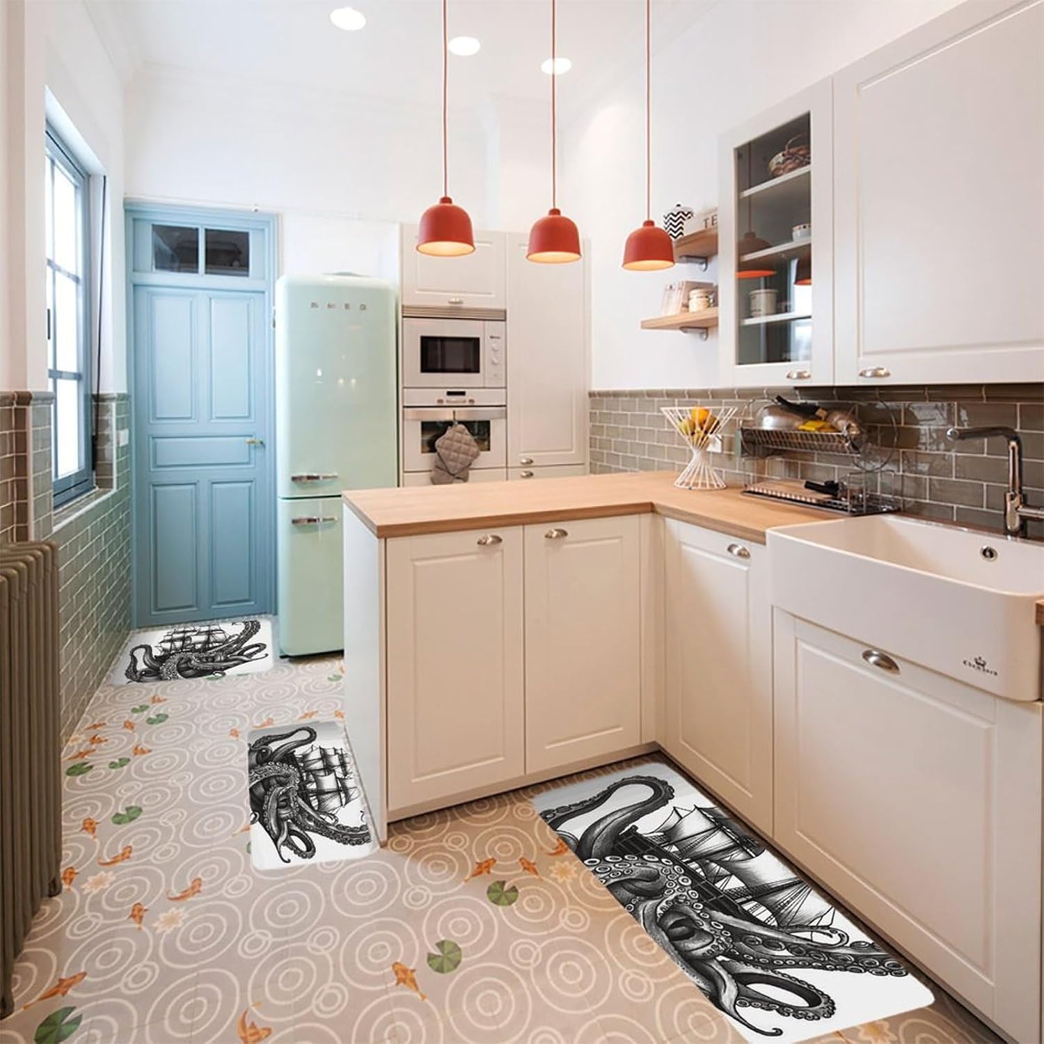 Black and White Octopus and Ship Kitchen Mats for Floor 3 Pcs Kitchen Rugs