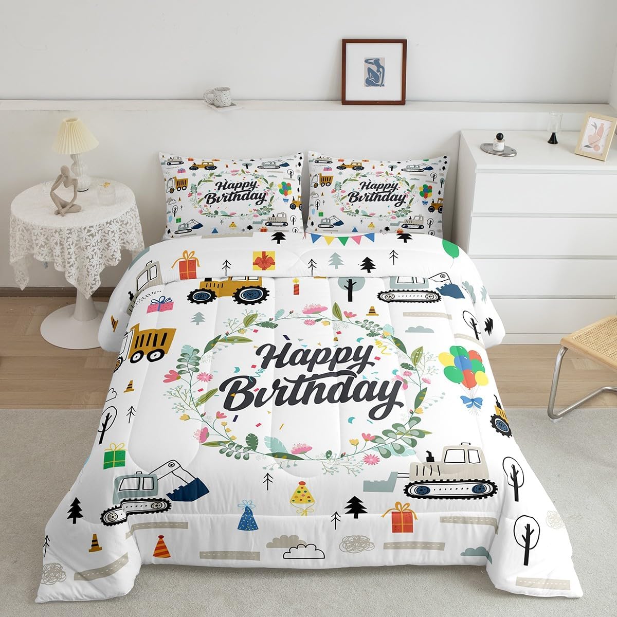 Feelyou Equipment Trucks Bedding Set Excavator Tractor Comforter Set for Kids Boys Construction Comforter Twin Size Happy Birthday Theme Blue White Duvet Set 2Pcs Multi Construction12 Twin