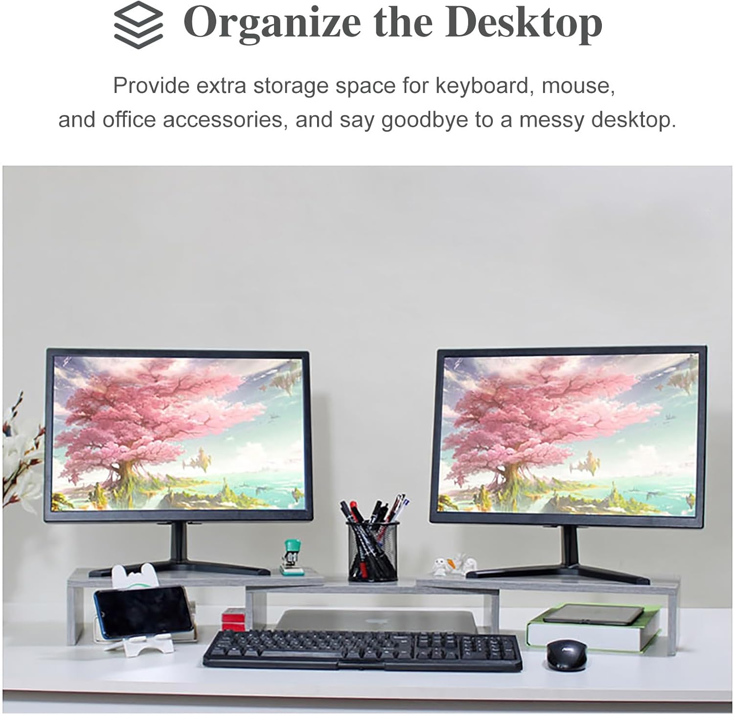 モニター台 卓上 2 台のモニター用のオフィス モニター ストレージ スタンド、 コーナー キュービクル用のデュアル スクリーン モ