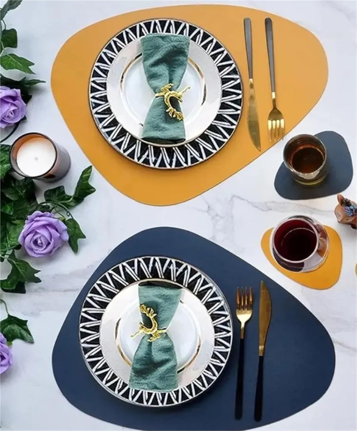 Round Table Placemats Sets Triangle Oval Place Mats Shaped PU Faux Leather Tableware Pad Kitchen Accessories Orange(CD Black,10sets)