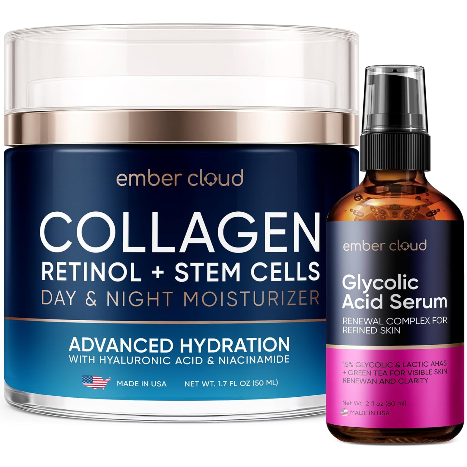 Ember Cloud Collagen Cream for Face with Stem Cells Retinol Hyaluronic Acid Niacinamide (1.7 Oz) / Glycolic Acid Serum (2 Oz)