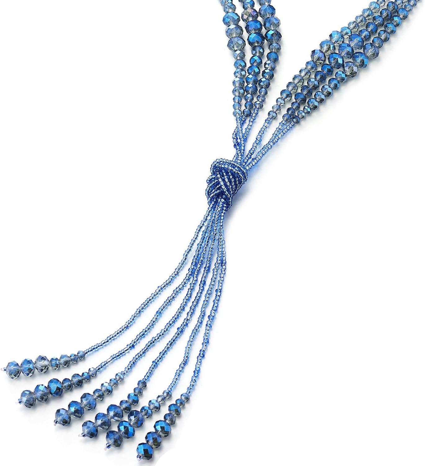 COOLSTEELANDBEYOND Boho Chic Lariat Necklace Tassel Pendant Pastel Blue Crystal Bead Three-strand Long Chain Y-Shape - Image 2