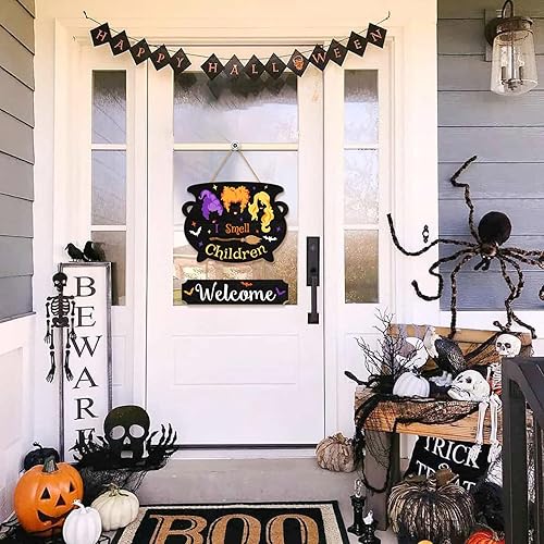 Miniatura 6 de Letrero colgante de Halloween con texto en inglés "I Smell Children para puerta delantera, ganchos de puerta de madera de bienvenida, corona para