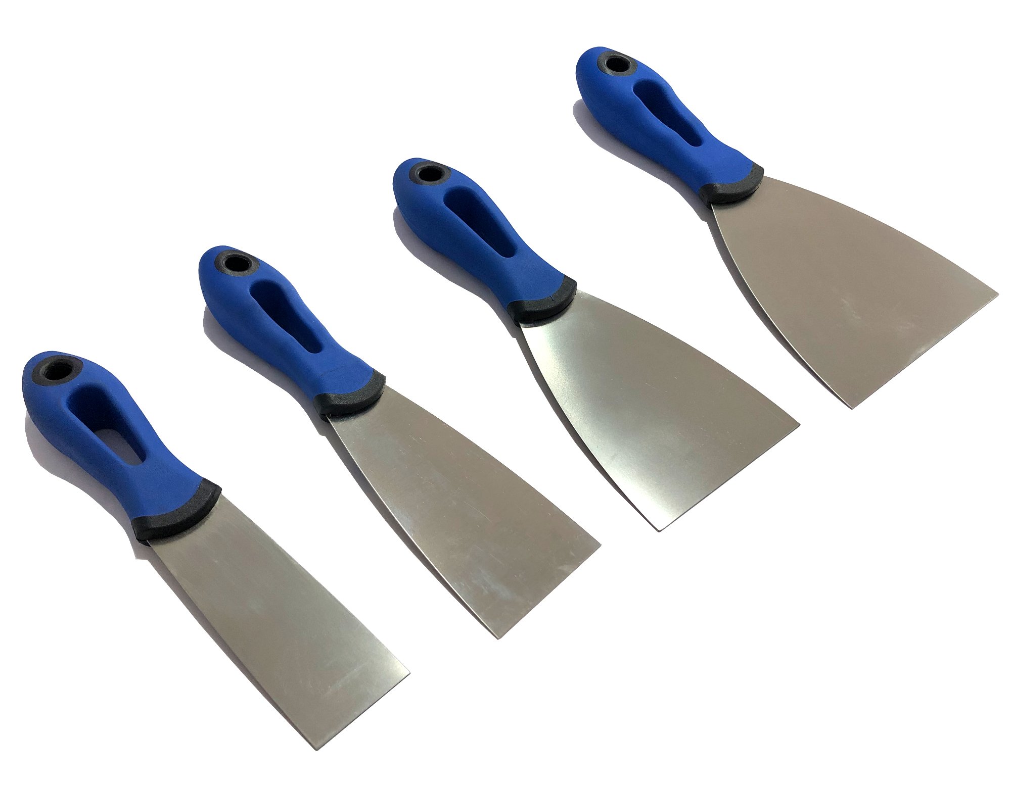 DEWEPRO Set de 4 Spatules à Plâtre 40 60 80 100 mm Lame Inoxydable Manche Soft 2 Composants Pour Rénovation et Finitions Intérieures