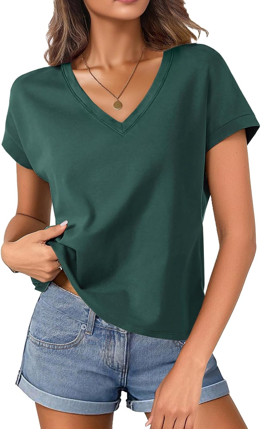 Womens Cotton V Neck Boxy Crop T Shirts Cap Sleeve Tops Loose Fit Tee Short Sleeves Summer Fashion