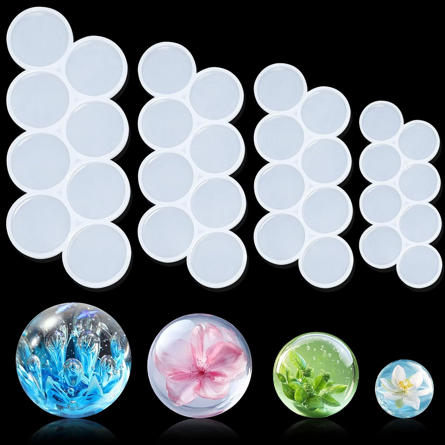 32-Cavity Circle Resin Molds Set 4PCS of 2 Inch, 1.75 Inch, 1.5 Inch, 1.25 Inch, Flat Round Shape Circular Silicone Casting Moulds for Keychains Earring Pendant Making