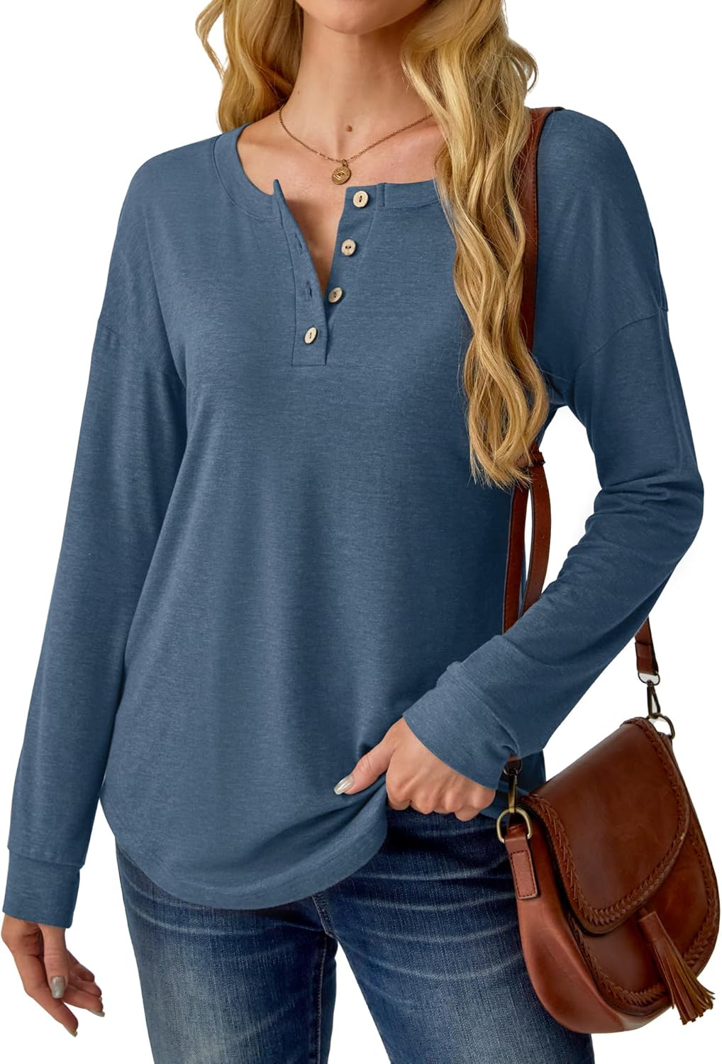 Womens Henley Tops Long Sleeve Shirts Button Pullover Loose Fit Henley Neck Lightweight Tunic Blouse - Image 2