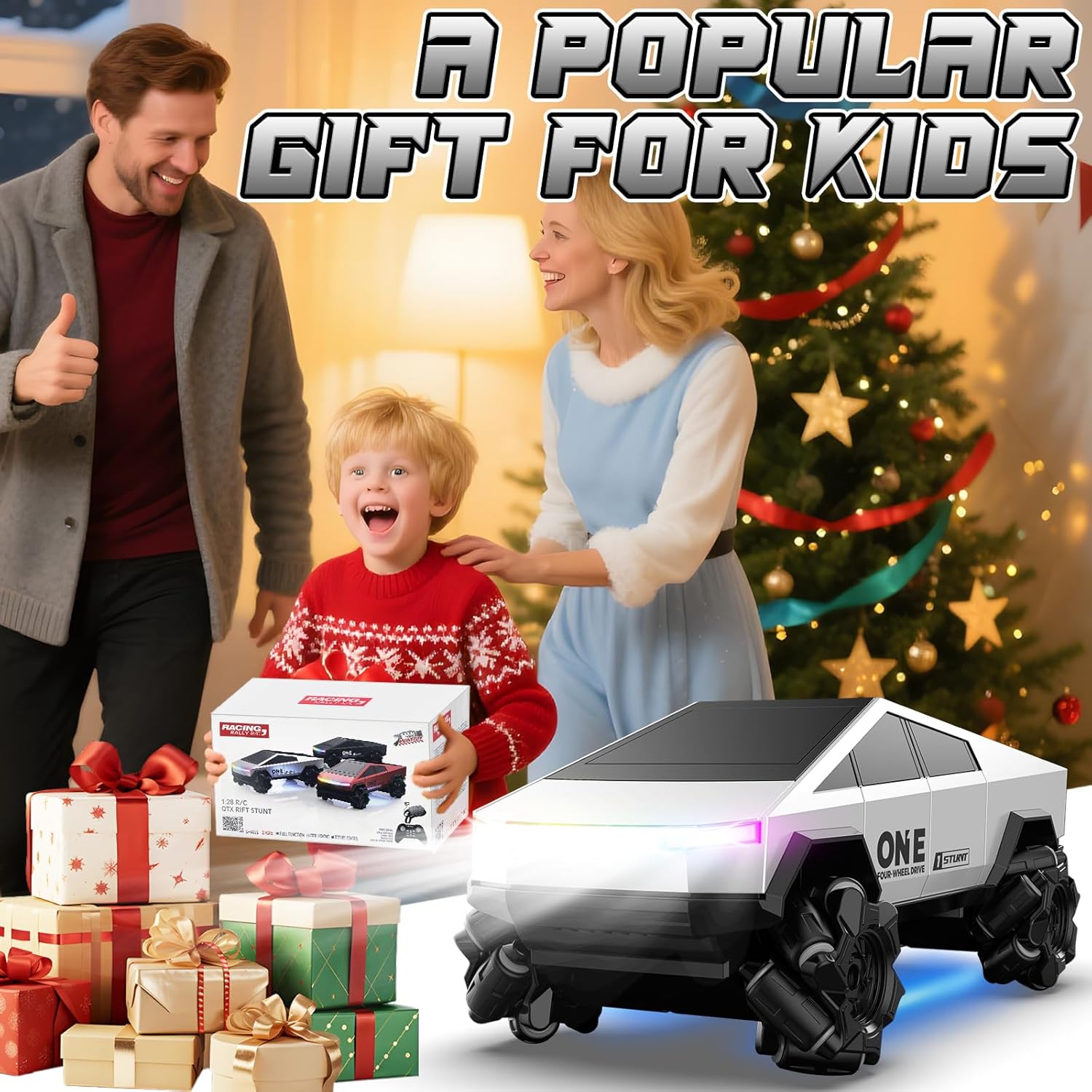 Remote Control Car, RC Stunt Car 2.4Ghz 4WD RC Cars 360°Rotating All Terrain High Speed Monster Truck Toys with Light, 2 Batteries Off-Road Electric Vehicle Toys for Kids Boys Girl