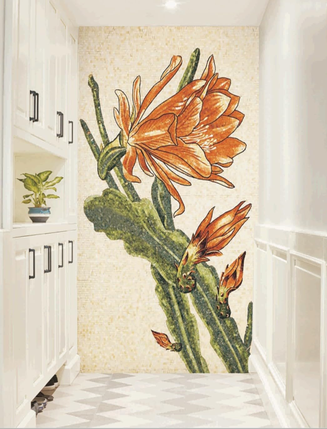 Handmade Orange Cactus Flower Glass Mosaic Wall Art, Desert Botanical Tile Mosaic Artwork, Hand-Cut Contemporary Wall Décor