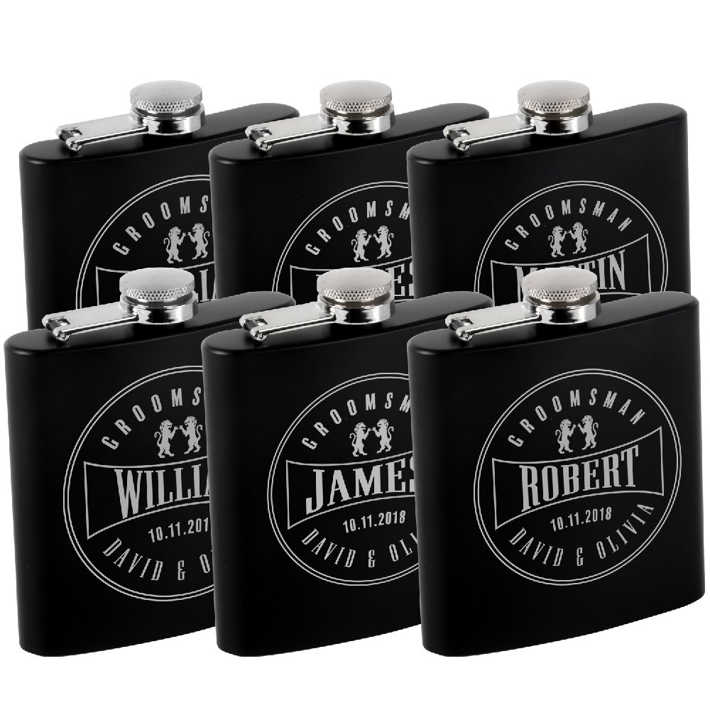 Personalized Monogram Logo Flask for Best man & Groomsmen Gifts - Stainless Steel Groomsman Hip Flask w Optional Gift Box and Shot glasses l Free Engraving w Name,Date & Title Set of 6#T4
