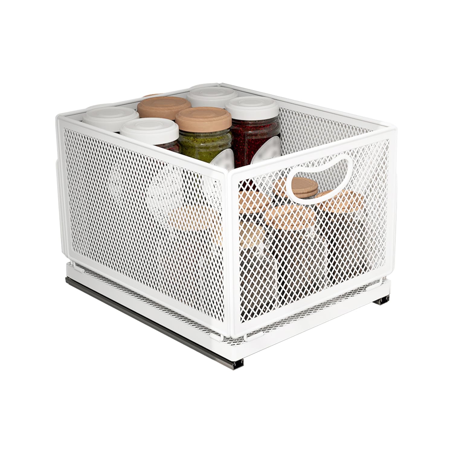 Cestello scorrevole per armadietto, organizer per cassetti, autoadesivo, per dispensa, resistente, in acciaio al carbonio, con maniglia, per bagno, cucina, casa