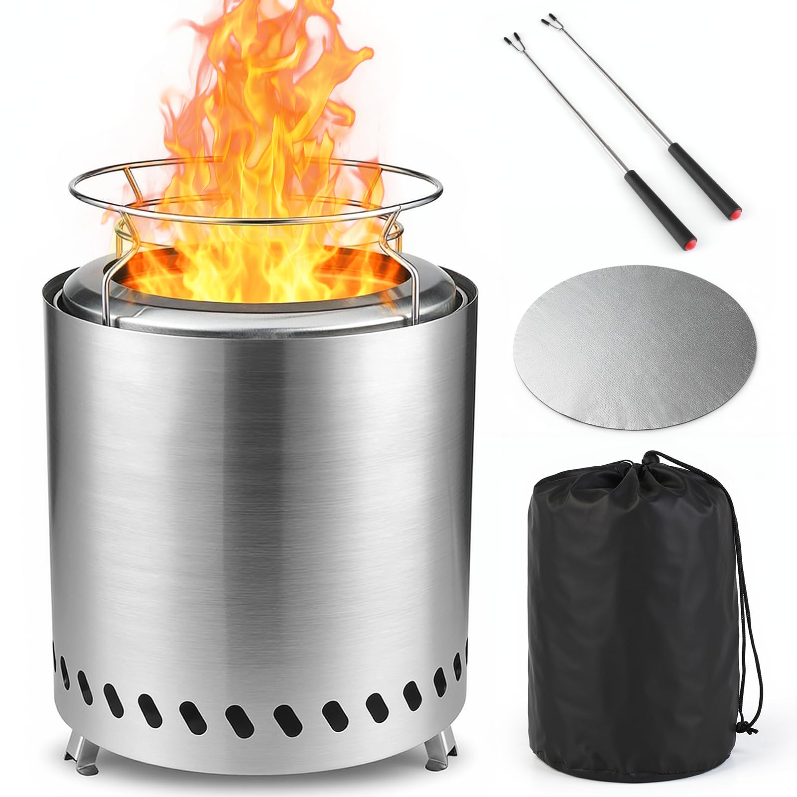 SMOOL 22cm Rauchfreier Tischfeuerkorb aus Edelstahl, Tragbarer Camping Feuerkorb für Outdoor & Terrasse, Inkl. Tragetasche, 2 Stöcken und Feuerfestmatte, Für Pellets & Holz (8.6 Zoll) - 2