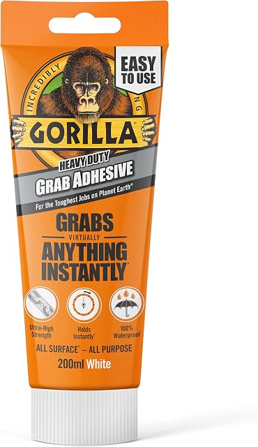 GORILLA Heavy Duty White Grab Adhesive, 200ml Tube  All-Purpose, Ultra-High Strength & Holds Instantly 100 percent Waterproof & Temperature Resistant, 1 Pack