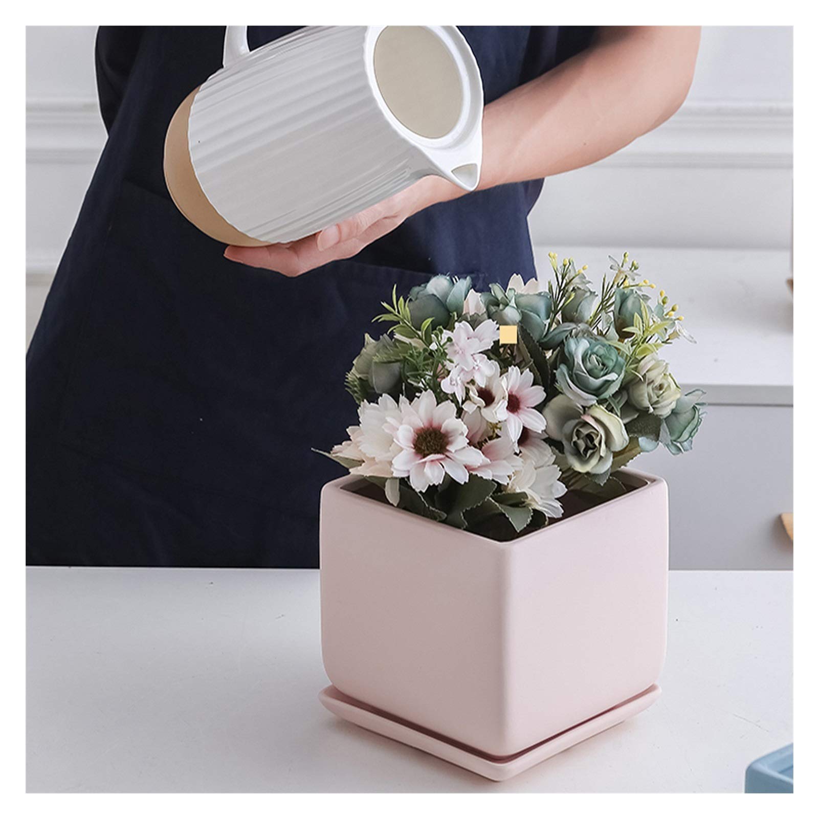 Doniczka ceramiczna doniczka na kwiaty nowoczesne dekoracyjne doniczki ogrodowe z otworem drenażowym i spodkiem kwadratowa doniczka na wszystkie rośliny domowe zioła rośliny domowe, sukulenty, kwiaty