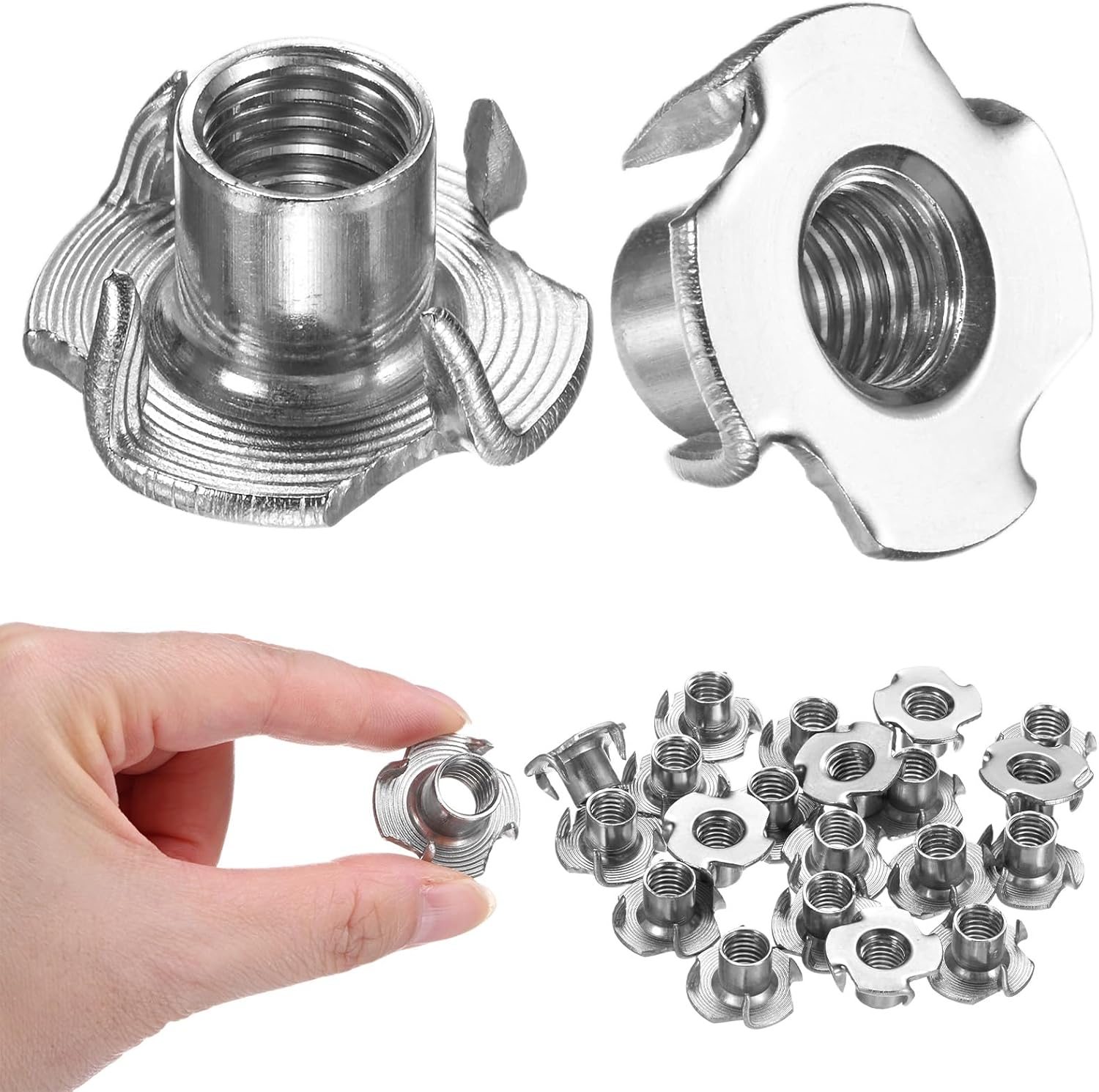 20-Pack M8x11mm T-nut, Stainless Steel 4-Pronged Tee Nut Threaded Insert for Wood/Rock Climbing Holds/Furniture, Corrosion Resistant Fasteners