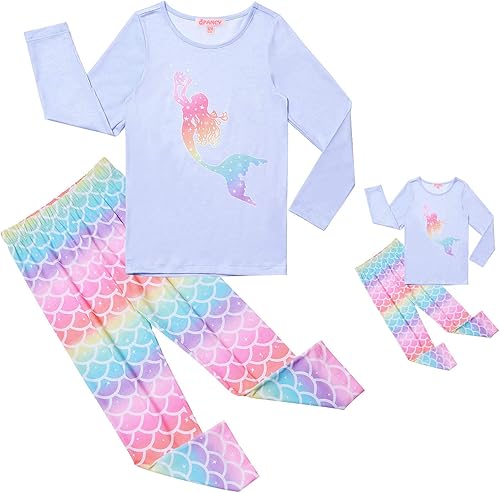 QPANCY Conjunto de pijamas a juego para niñas y muñecas, pijama de manga larga para otoño e invierno