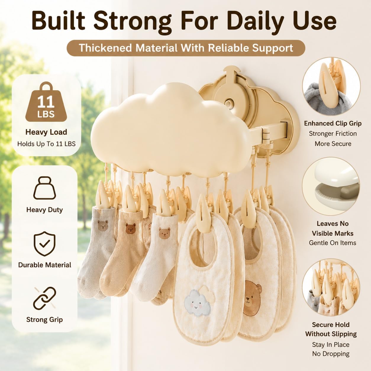 Foldable Wall Mounted Drying Rack with Strong Suction Cup, Cloud Sock Drying Rack Space Saving with 12 Clips for Socks Bibs Underwear