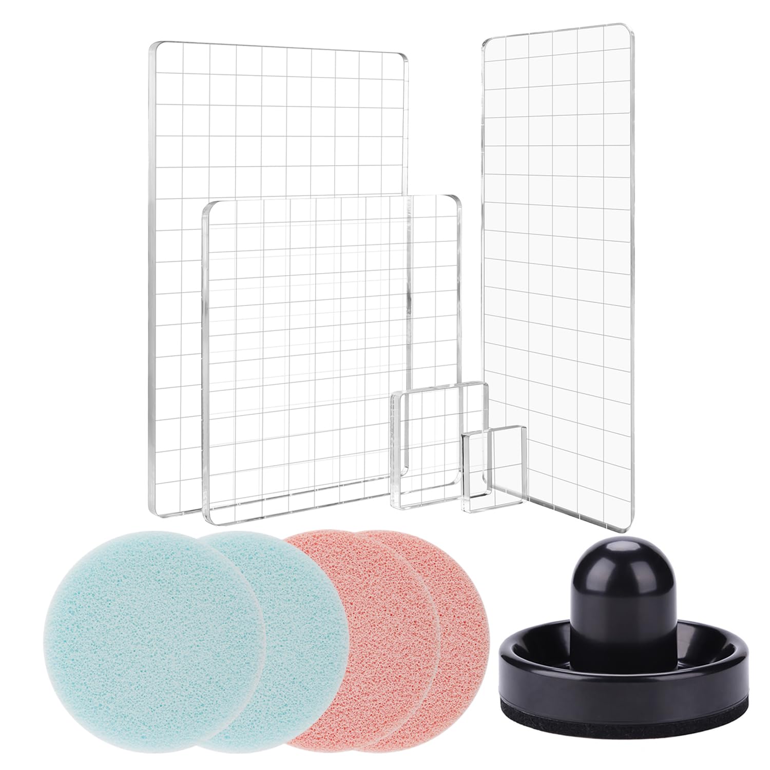 BAOFALI 10Pcs/Set 5 Acrylic Blocks Clear Stamp Block with Grid with 1 Pressing Stamping Tool 4 Stamp Scrubber Set Stamping Tools for Scrapbooking Crafts Card Making, Assorted Sizes Tool Set