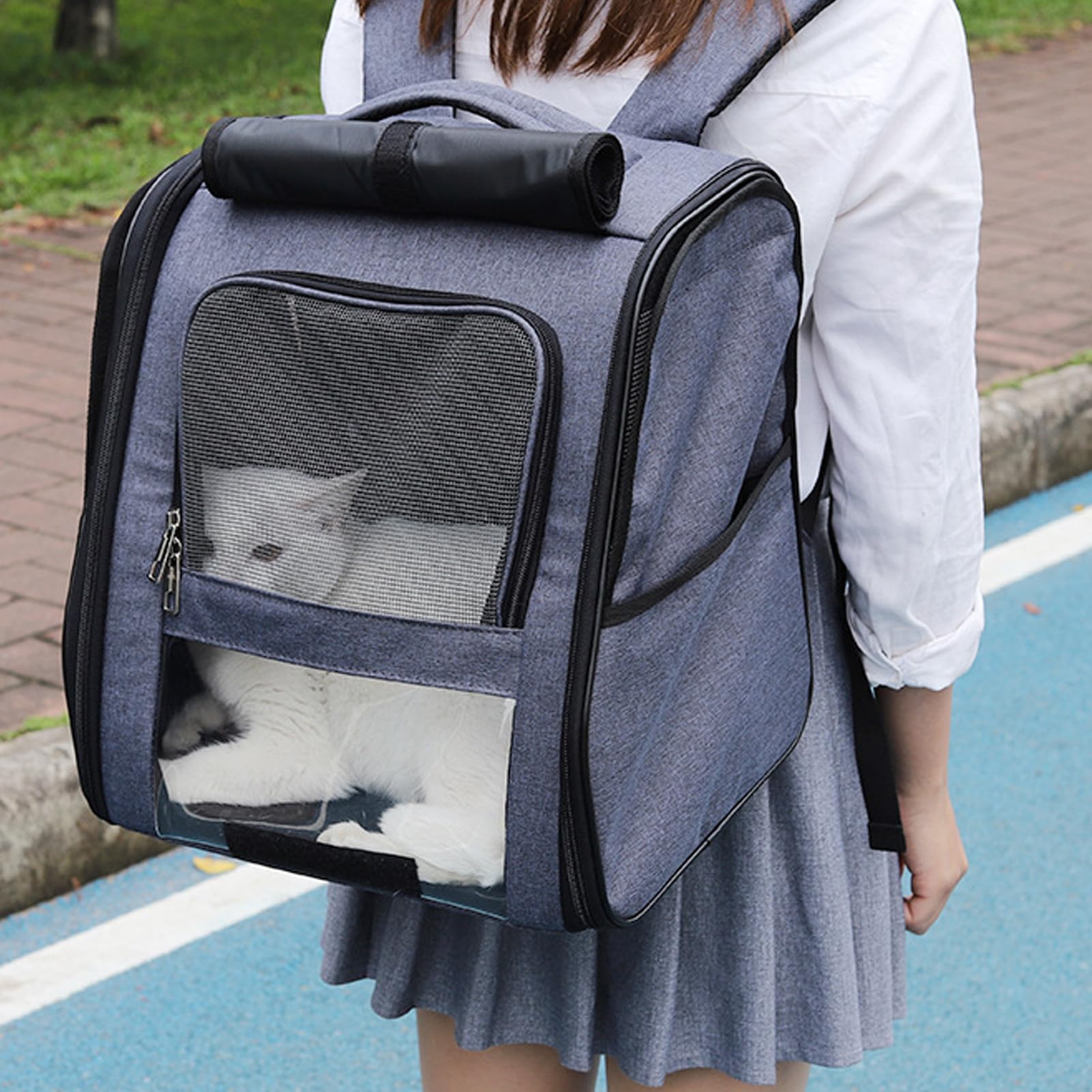 Zaino per Gatti Trasportino per Zaino per Animali di Grandi Dimensioni, Zaino per Animali Domestici Borsa per Animali in Poliestere di Grande Capacità Previene Lo Stress(Large-Blu scuro)