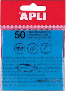 APLI 19571 - Notas adhesivas transparentes 75 x 75 mm de color azul, Bloc 50 hojas de notas translúcidas resistentes al agua para estudiantes, uso escolar u oficina