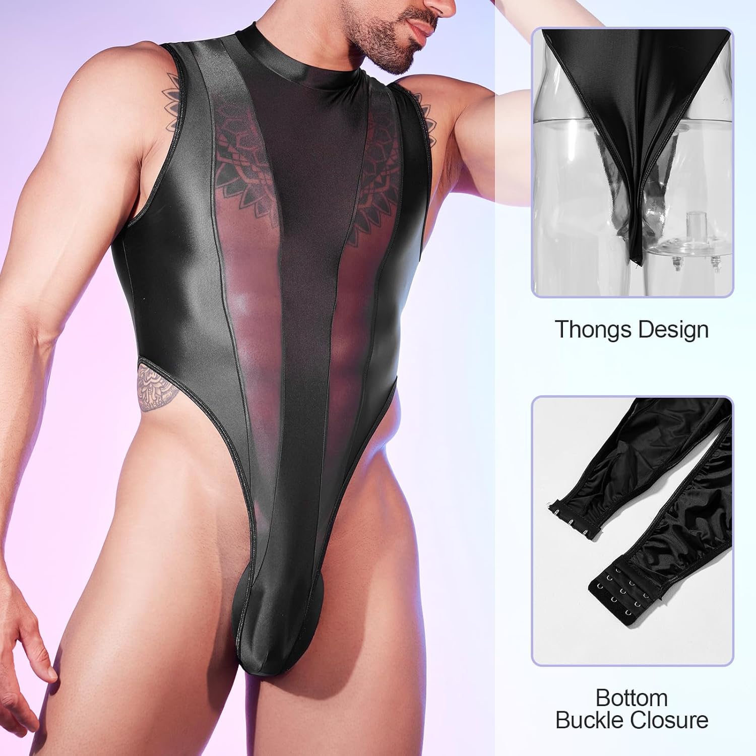 Mens Glossy Bodysuit See Through Leotard Sexy Jumpsuit Underwear with Single-breasted - Image 4