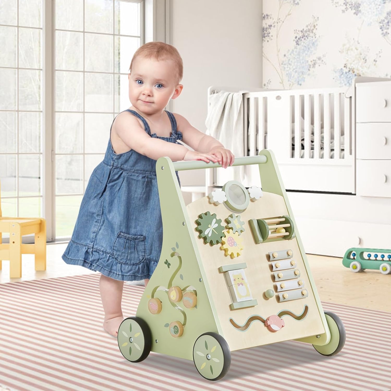 Asweets Andador de Madera para Bebés, Centro de Actividades Múltiples para Niños y Niñas, Juguete Educativo Montessori para Aprender a Sentarse y Pararse de 12 Meses (Verde)