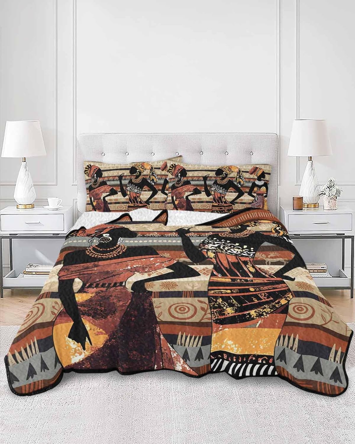 Fall Quilts Twin Size, Lightweight Quilted Coverlet Black Orange Girls Boho Comforter Set for Bed, All Season Bedspreads Vintage Ethnic Tribe Abstract Art Quilt Bedding with 2 Pillowcases 68x86 Inch