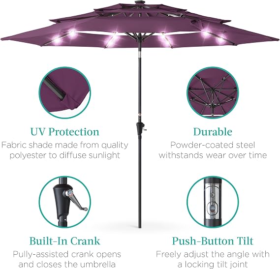 Best Choice Products 10ft 3-Tier Solar Patio Umbrella, Outdoor Market Sun Shade for Backyard, Deck, Poolside w/ 24 LED Lights, Tilt Adjustment, Easy Crank, 8 Ribs - Amethyst Purple