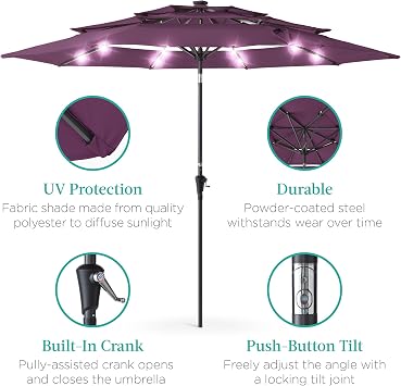 Best Choice Products 10ft 3-Tier Solar Patio Umbrella, Outdoor Market Sun Shade for Backyard, Deck, Poolside w/ 24 LED Lights, Tilt Adjustment, Easy Crank, 8 Ribs - Amethyst Purple