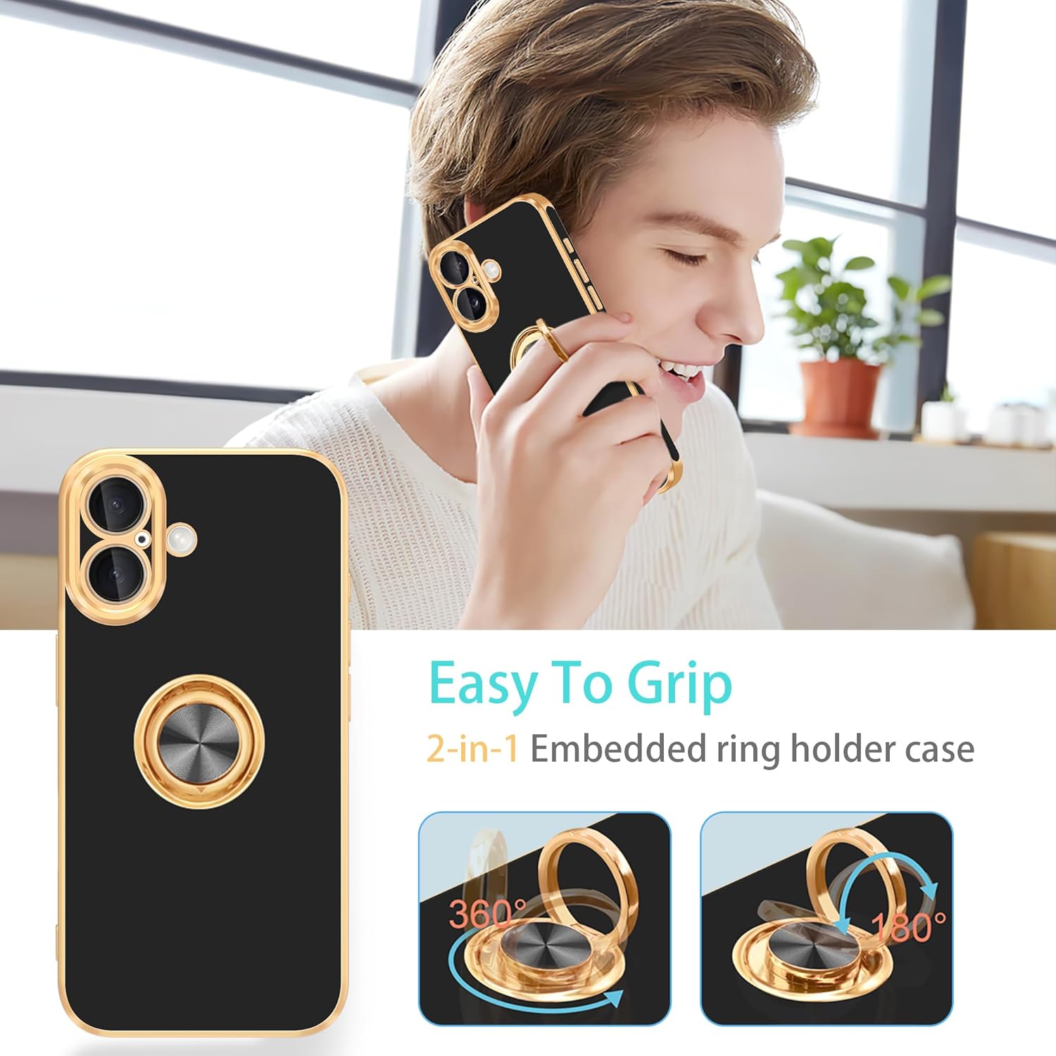 Fingic for iPhone 16 Plus Case[with 360°Rotatable Ring Holder][Support Magnetic Car Mount]Shiny Plating Gold Slim Thin Soft TPU Rugged Bumper Shockproof Case for iPhone 16 Plus for Women Men,6.7"Black - Image 3