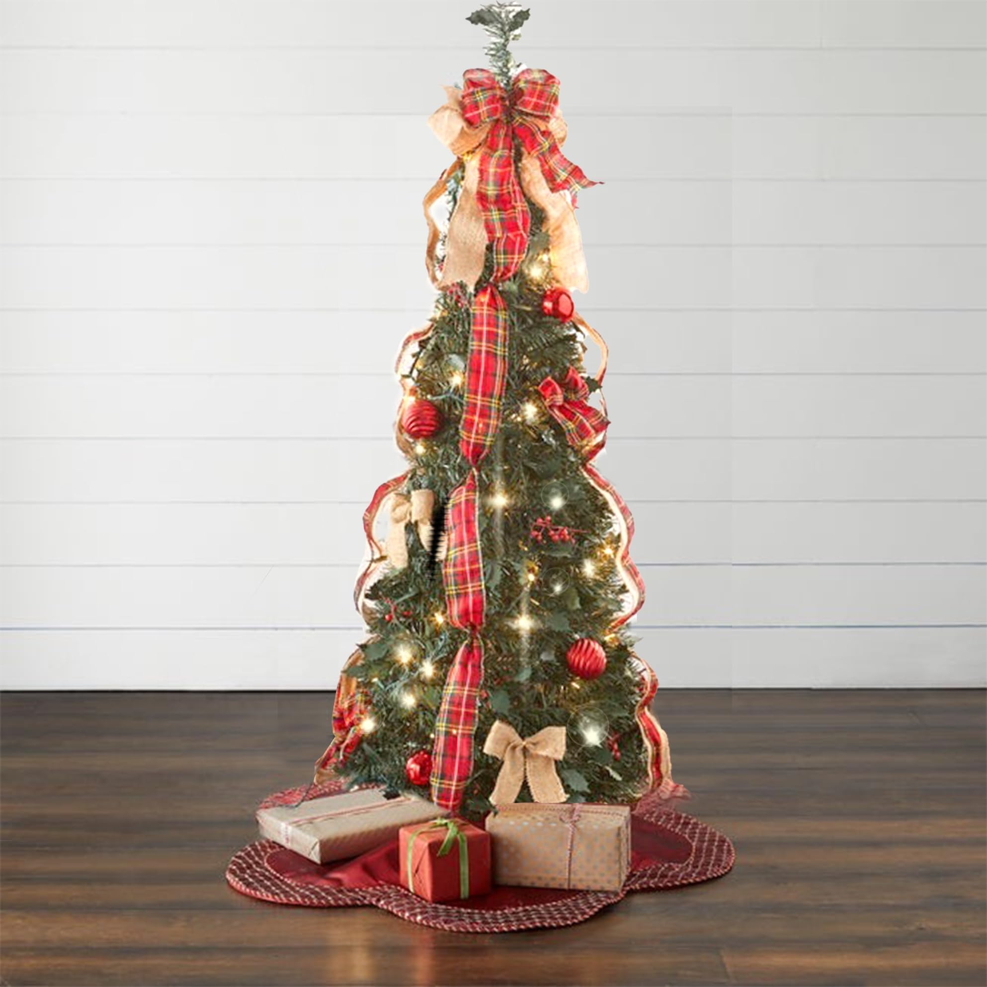 BrylaneHome 4.5 Ft Fully Decorated Pre-Lit Pop-Up Christmas Tree with 100 Warm Lights & Included Stand, Collapsible, Easy Assembly - Plaid