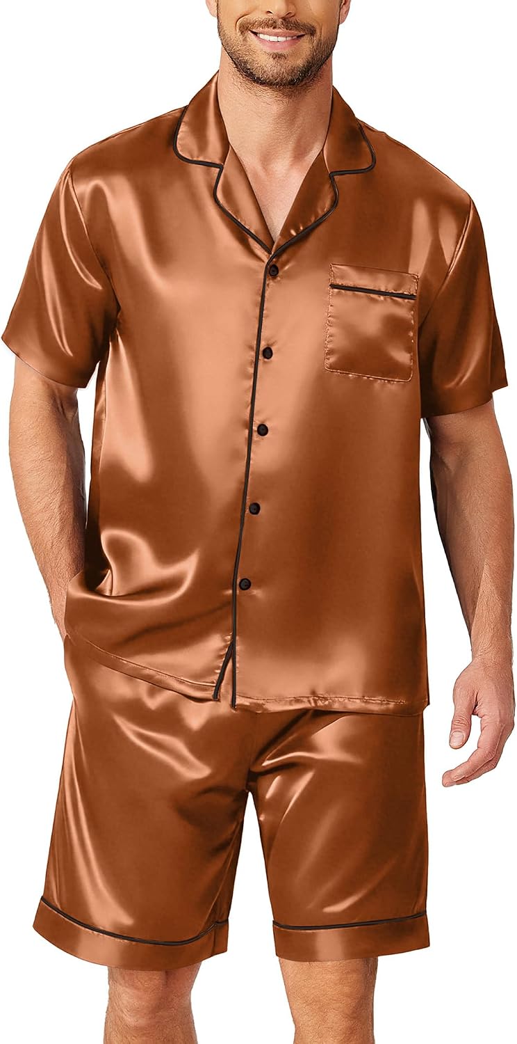 Ekouaer Mens Pajamas Set Silk Satin Sleepwear Short Sleeve Button Down Pjs Set 2 Piece Loungewear with Pockets S-XXL