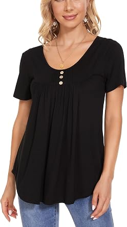 Womens Tops Hide Belly Tunic Botton Up Short Sleeve T Shirts Cute Flowy Henley Casual Dressy Blouses for Leggings