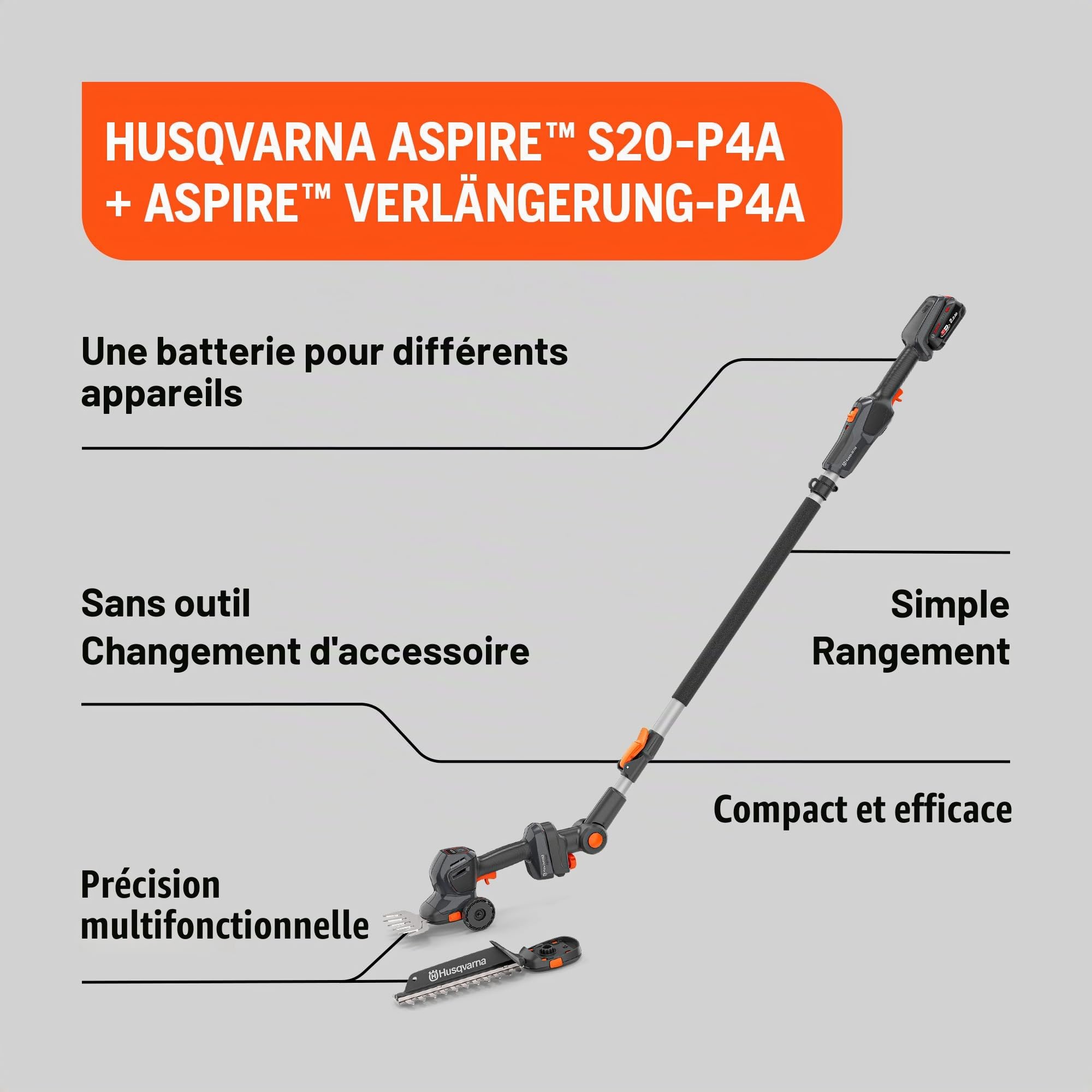 Husqvarna Aspire S20-P4A Cisaille à gazon et à arbustes sans fil avec rallonge, lame de cisaille à arbuste et à gazon, 18 V (avec rallonge, batterie et chargeur)