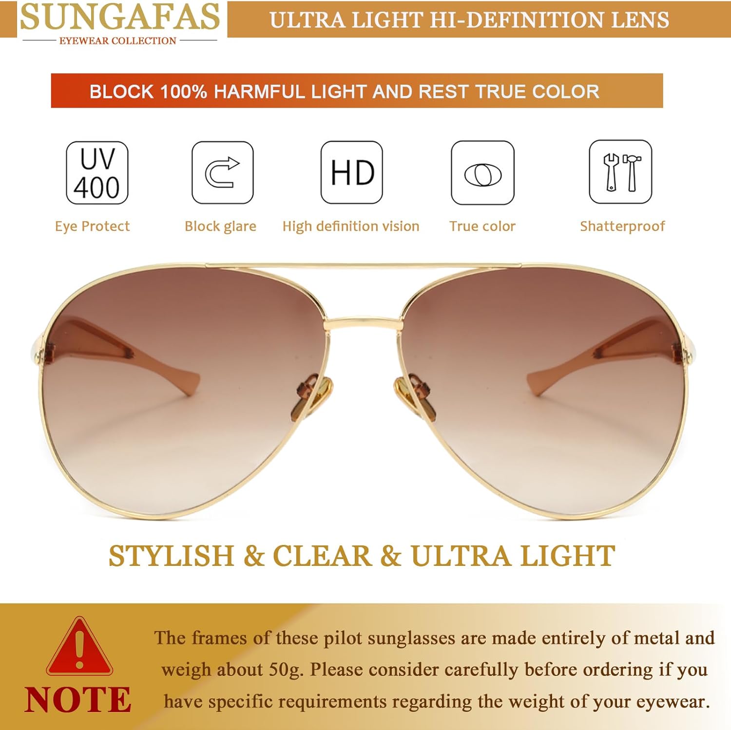 Gold Aviator Sunglasses for Women Men Oversized Aviators Sun Glasses Metal Retro Shades - Image 4