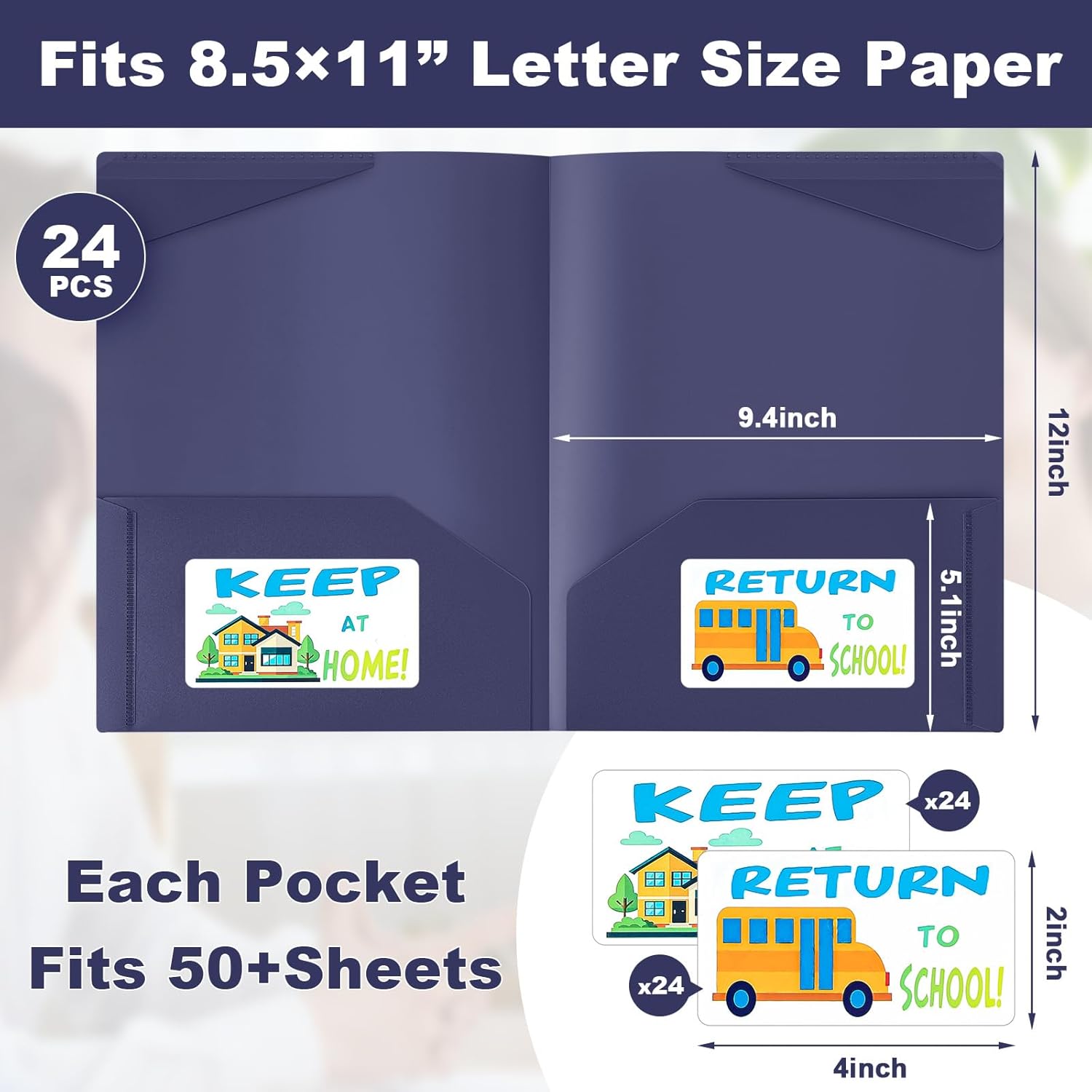 Henoyso 24 Pack Take Home Folders with 2 Pockets and Tabs, Plastic Classroom Communication Homework Folder School-to-Home with Clear Front Pocket for Students Parent Teacher Connector (Dark Blue)