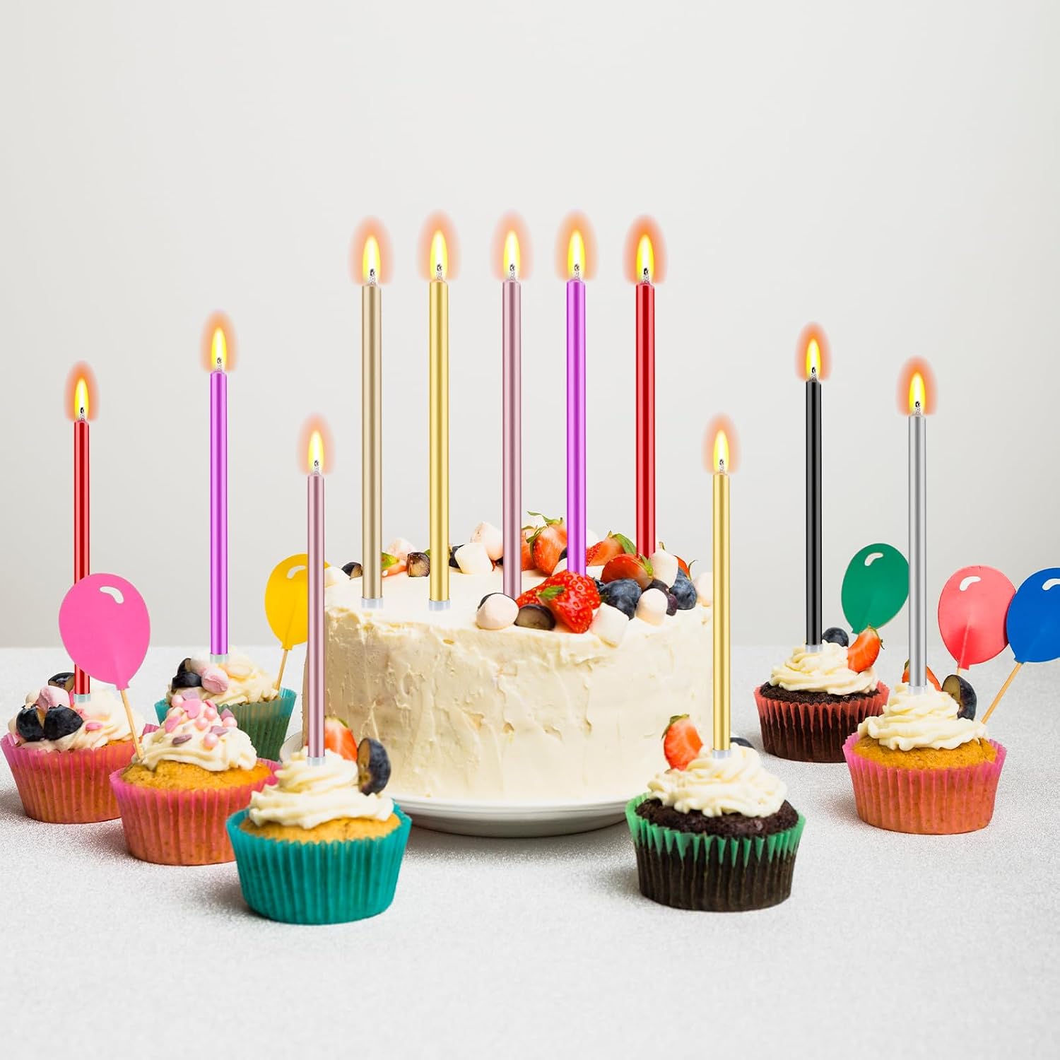30 PCS Red Long Birthday Candles, Thin Metallic Cake Candles, Tall Glitter Cuppcake Candles in Holders for Birthday Wedding Party Decorations