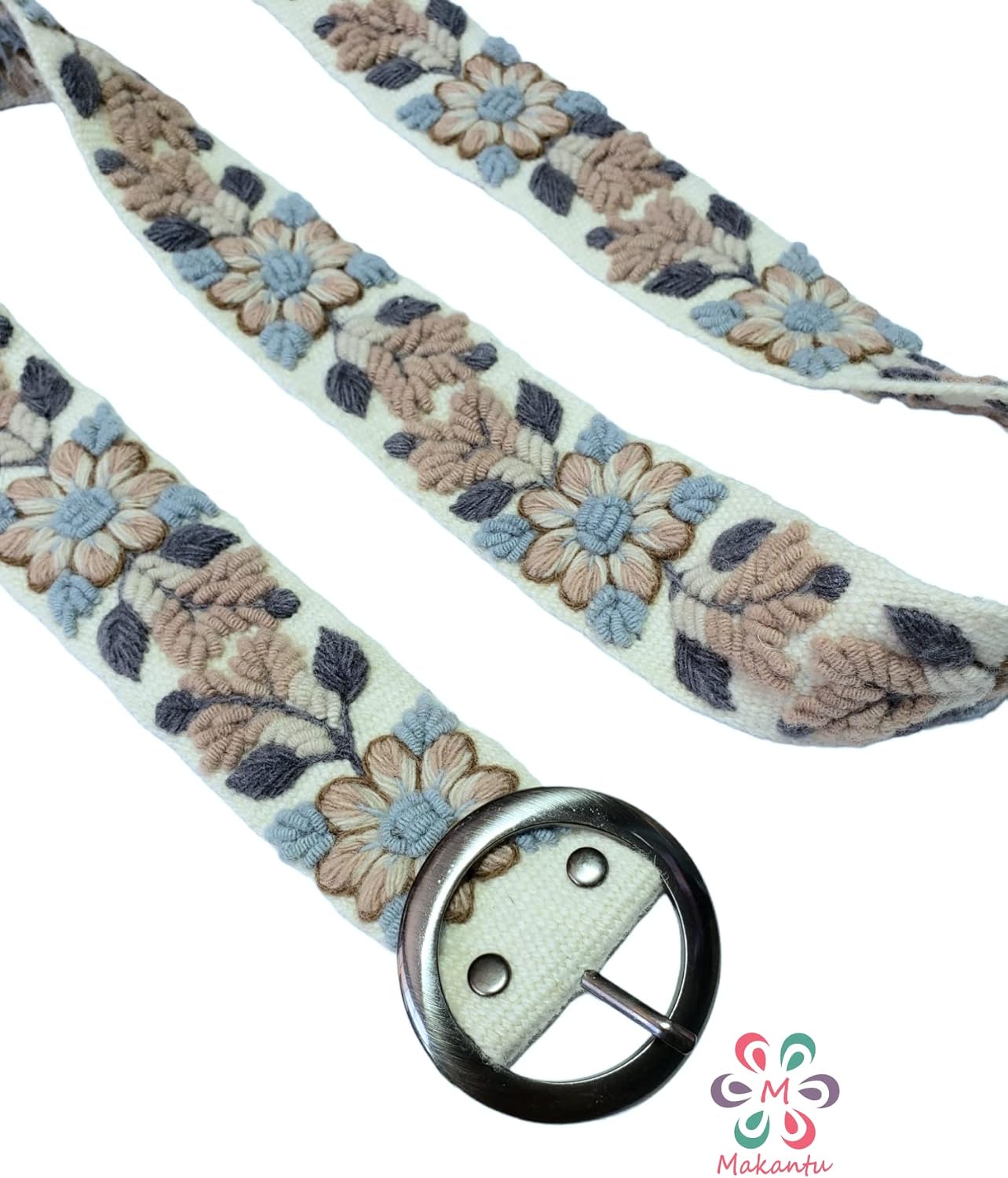 Ivory belt with peach flowers, handmade embroidered with natural wool in Peru, artistic floral design, woman gift, XS, S, M, L, XL