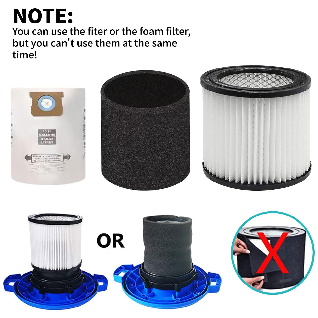 ANBOO Filtro di ricambio per Shop Vac 90304 90350 90333, sacchetti sottovuoto per Shop Vac 10-14 galloni, filtro a manicotto in schiuma 90585, adatto alla maggior parte degli aspirapolvere a