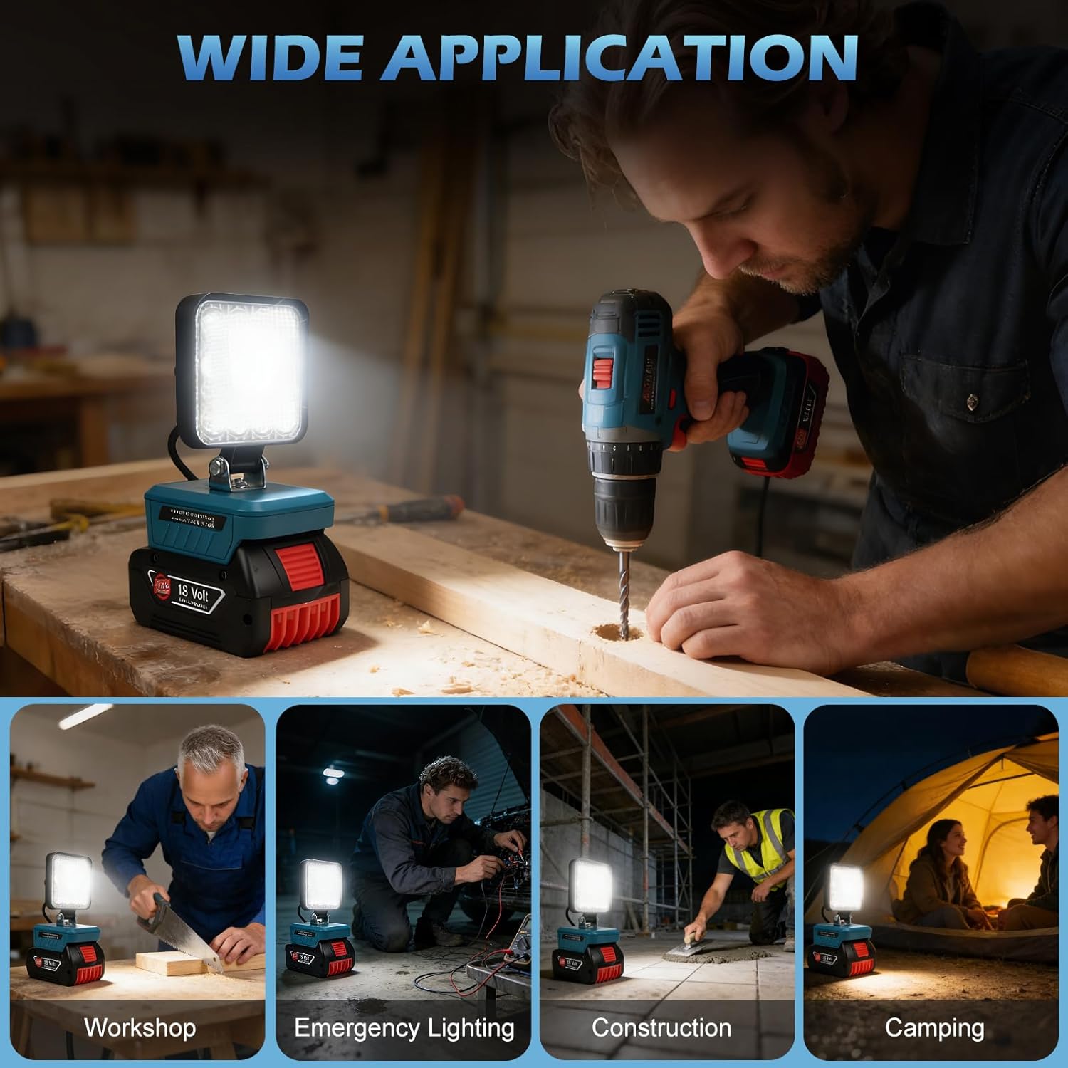 Qivine Cordless LED Work Light, 48W 6000LM Portable Work Light Battery Powered, Waterproof Flood Lights Flashlight with Low Voltage Protection 140° Adjustable Angle for Job Site, Securityand