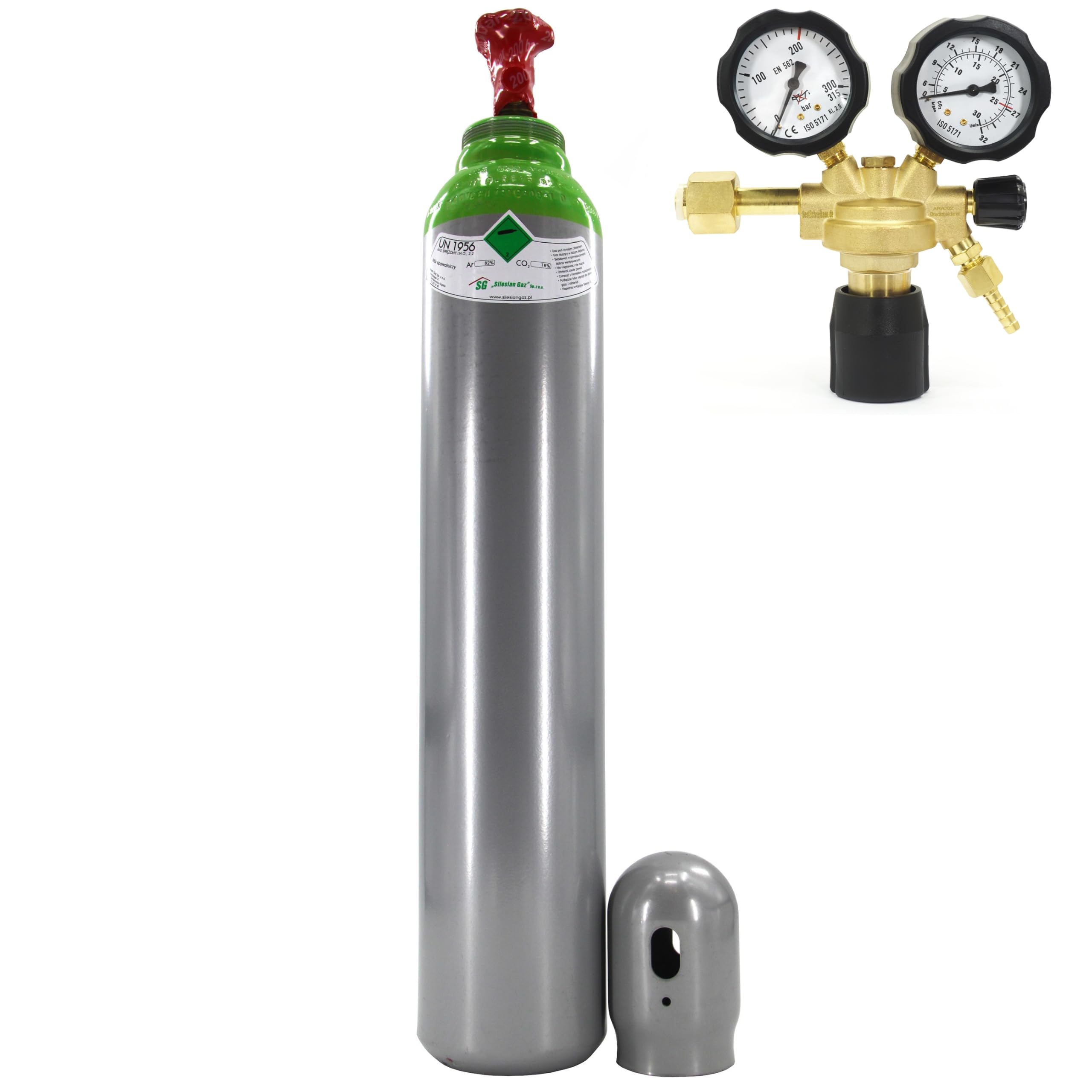 Bombona de gas con reductor de gas, mezcla de argón (82%) + CO2 (18%) mixto 1,9 m³ 8 litros 200 bar MIG TIG WIG gas de soldadura mixto