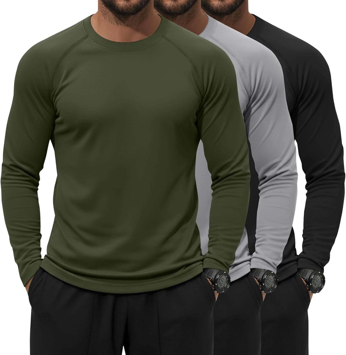 Locoowai 3 Pack Men's UPF 50+ Sun Protection Shirts UV SPF Quick Dry Long Sleeve Rash Guard Workout Swim Lightweight T-Shirts
