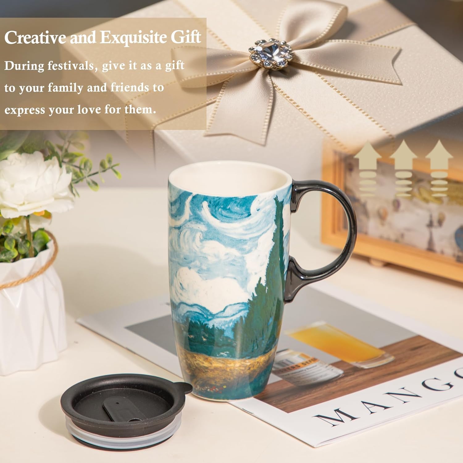 Topadorn Ceramic Coffee Travel Mug with Gift Box, 17 Oz Tea Cups with Handle & Lid for Latte, Tea, Cappuccino, Milk, Cocoa, Microwave&Dishwasher Safe, Wheat Field and Cypress - Image 4