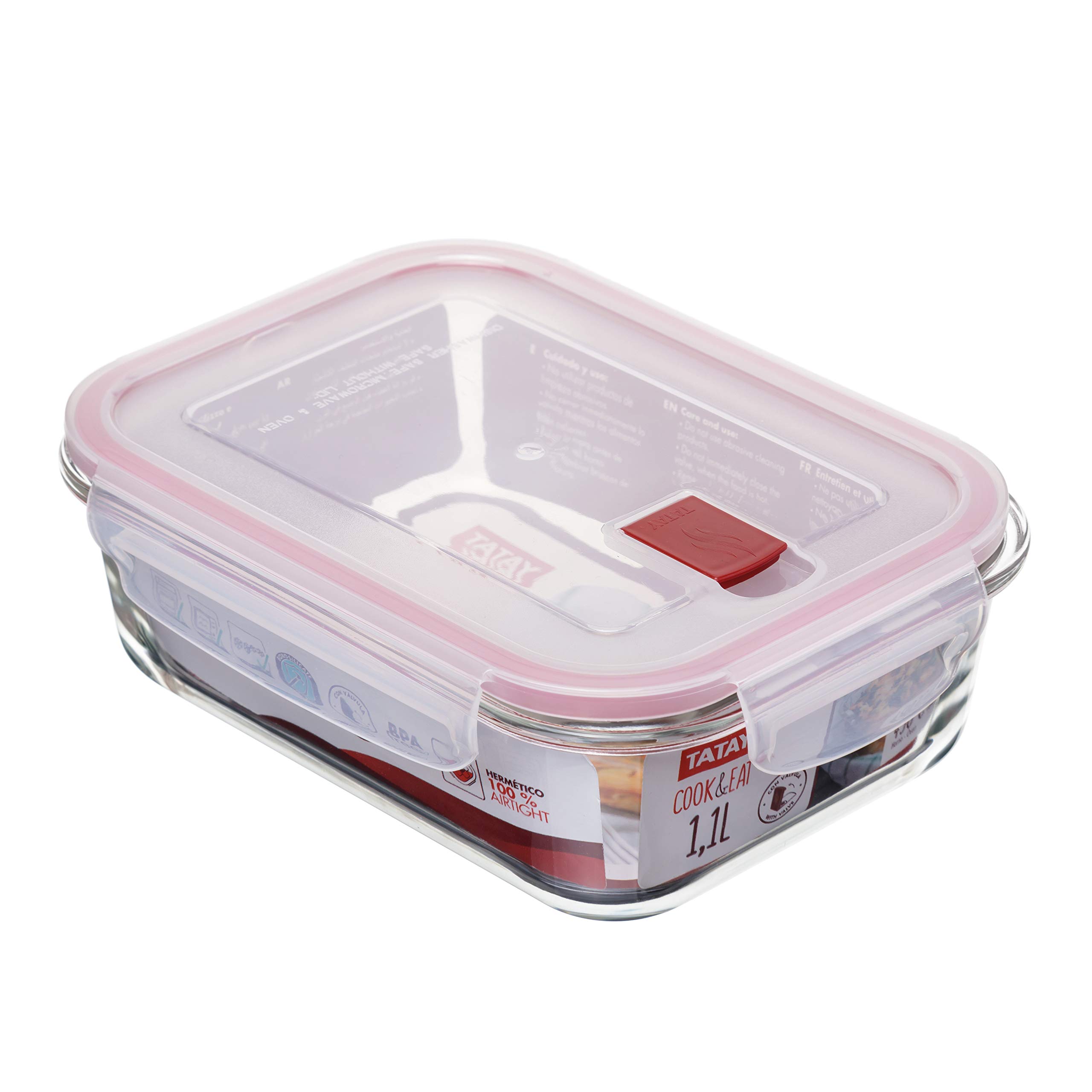 TATAY Glass Container with Lid 1.1L Cook & Eat | Borosilicate Glass | Airtight Clip Lid, Steam Valve | Microwave, Oven, Fridge & Freezer Safe | BPA-Free | 15.7x20.7x6.9 cm, Red