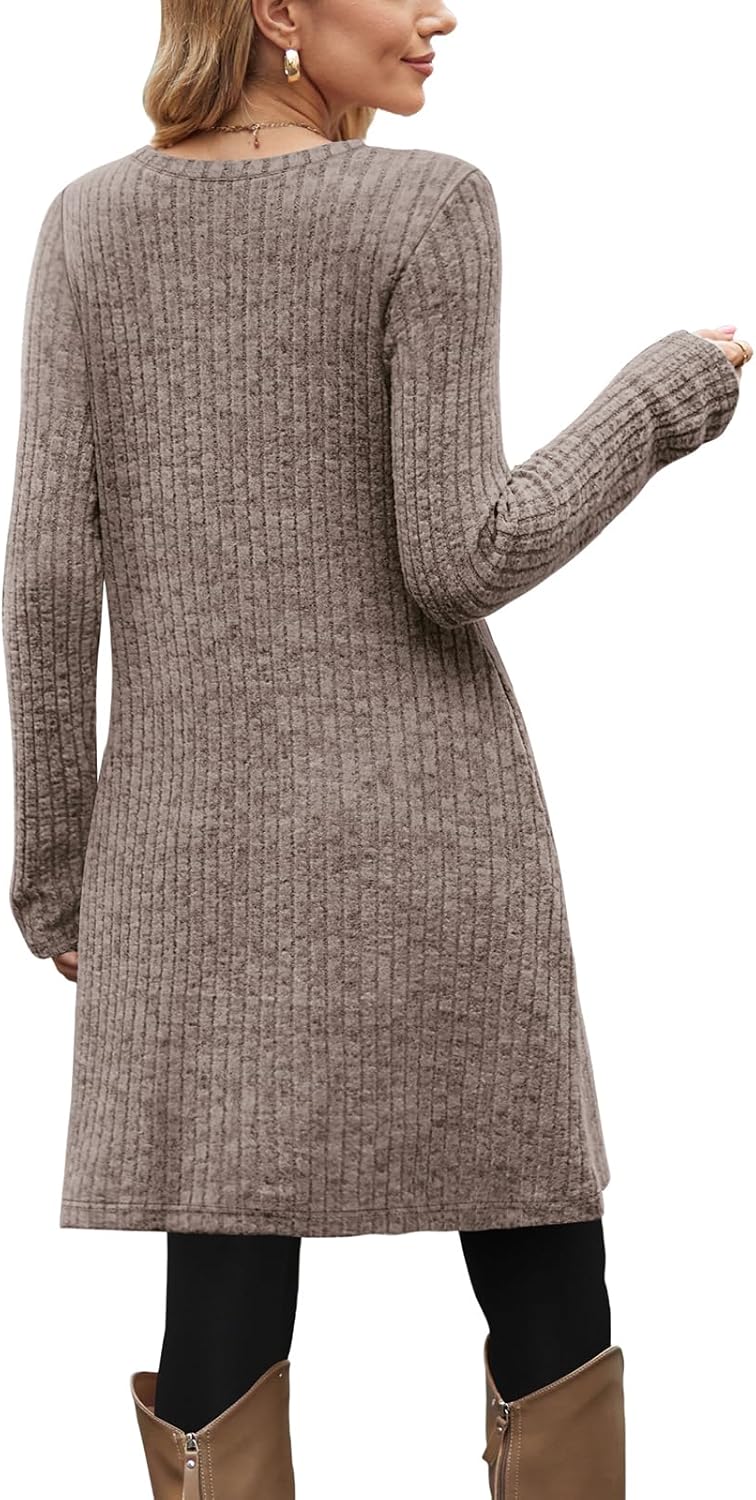 OFEEFAN Fall and Winter Tunic Dress with Pockets Long Sleeve Crew Neck Buttons Side - Image 5