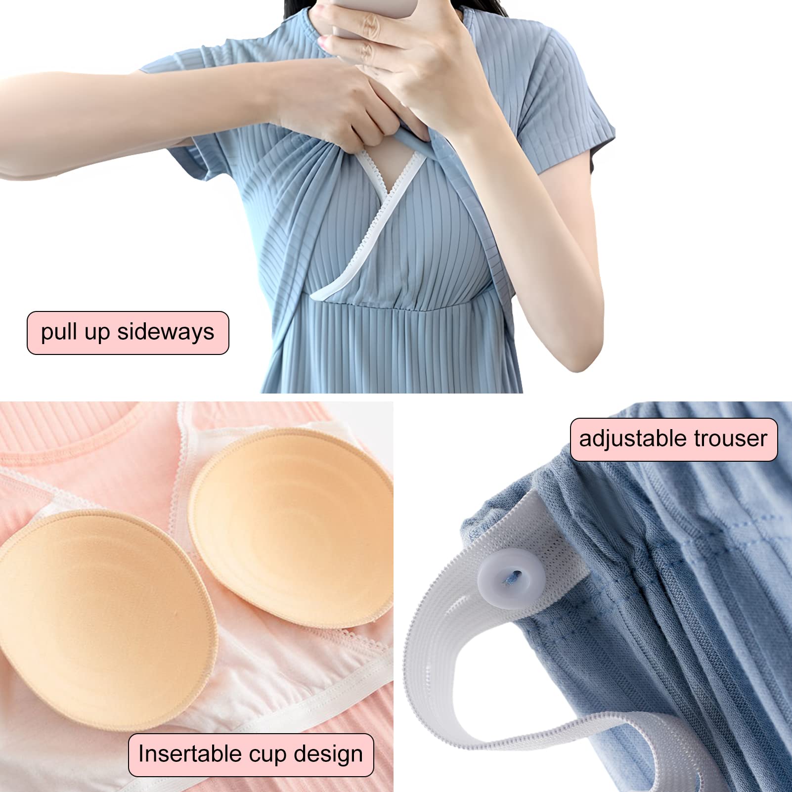 Mujer Maternidad Mangas Cortas Camisas de Enfermería Tops y Pantalones Largos Casual Conjunto de Ropa de Lactancia Materna