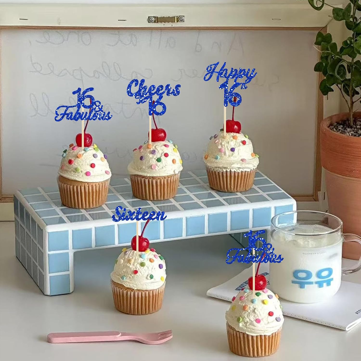 24 Pack Happy 16th Birthday Cupcake Toppers Blue Glitter Sixteen Cheers to 16 Years Old Birthday Cake Picks for Sweet 16 Anniversary Party Cake Decorations Supplies - Image 3