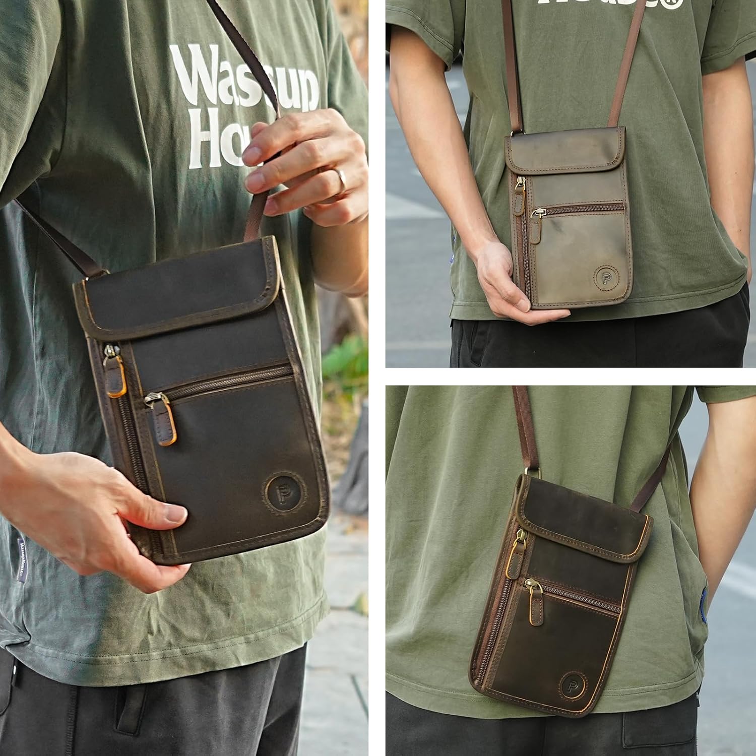 Polare Full Grain Leather Neck Wallet RFID Blocking Conceal Passport Holder Travel Pouch with AirTag Slot for Men