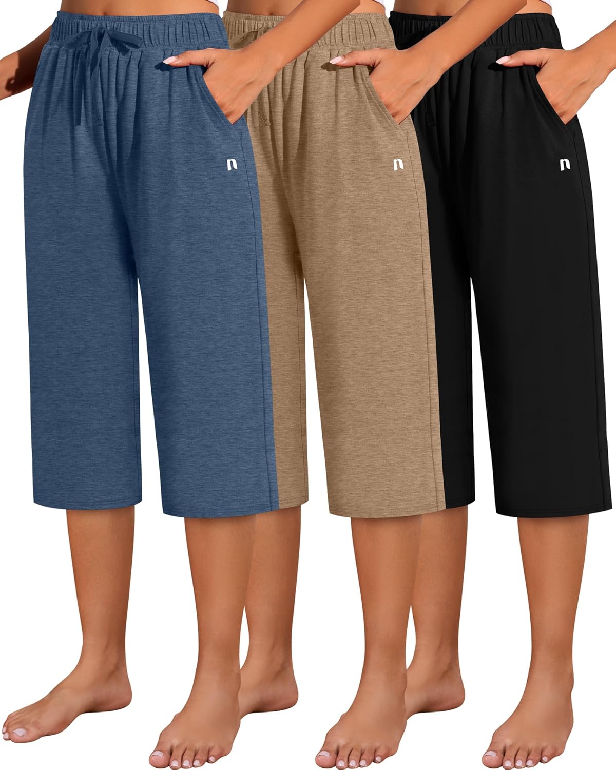 Neer 3 Pack Women's Capri Pants, Cotton Wide Leg Basic Sweatpants Lounge Loose Fit Casual Drawstring Yoga Capris with Pockets