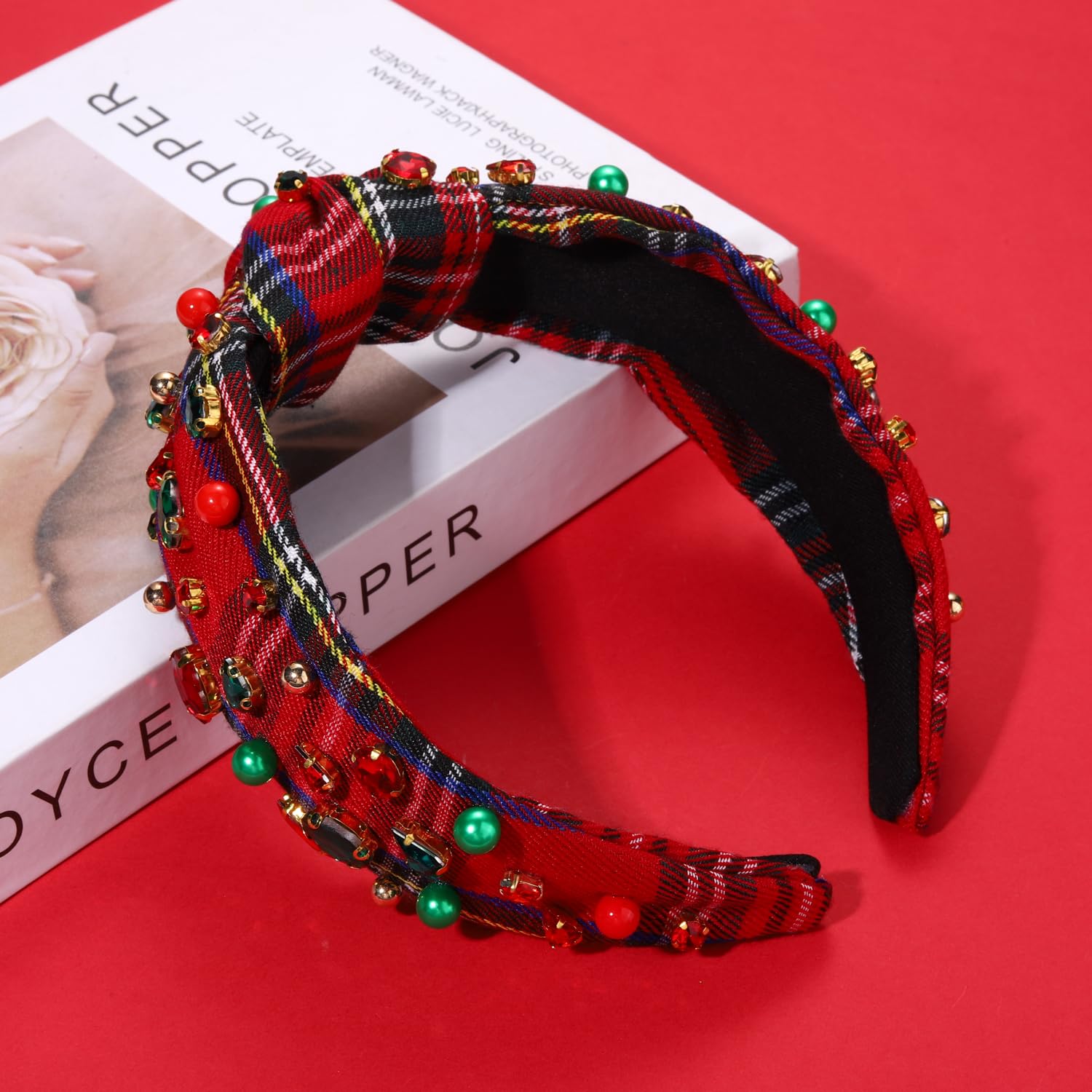 NVENF Christmas Headband for Women Jeweled Xmas Plaid Headband Embellished Crystal Pearl Knotted Headbands Wide Top Knot Holiday Headbands Christmas Hair Accessories Holiday Outfits Gifts (Red 2) - Image 5
